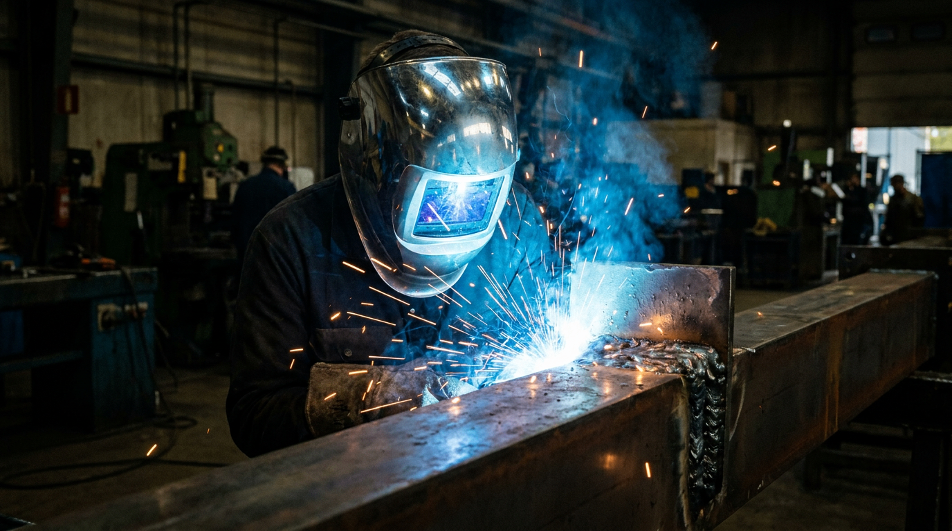 Soudeur effectuant une soudure sur une structure d’acier en atelier
