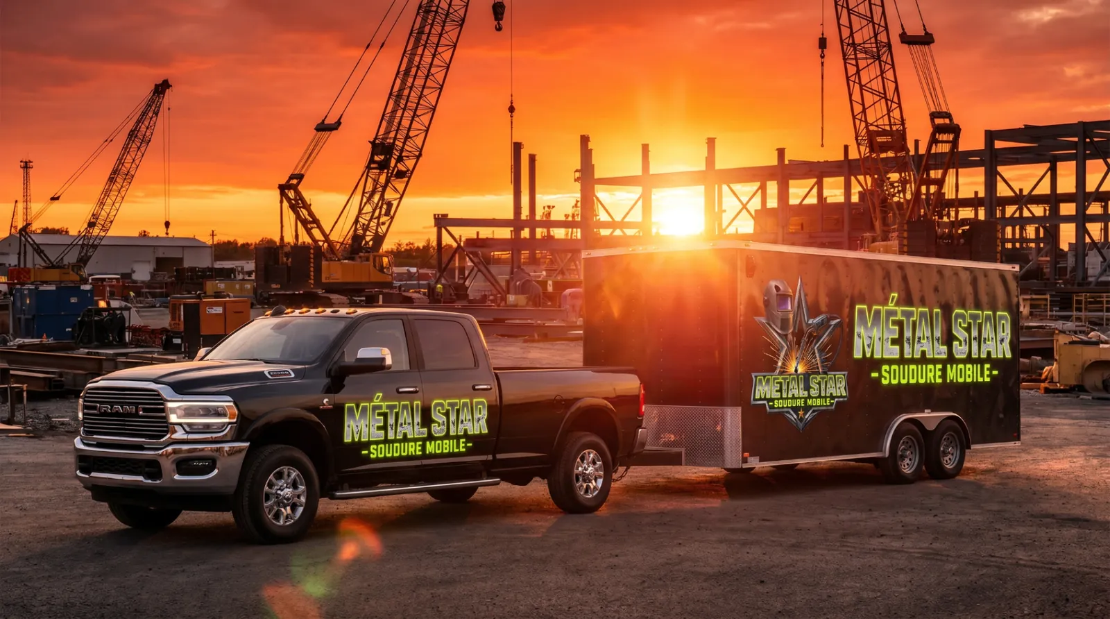 Camion et remorque Métal Star sur un chantier au coucher du soleil
