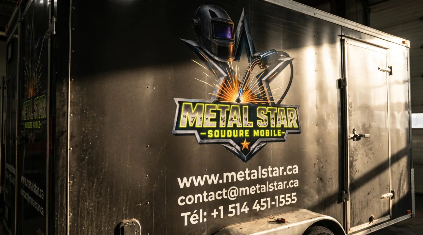 Logo Métal Star et coordonnées sur la remorque de service