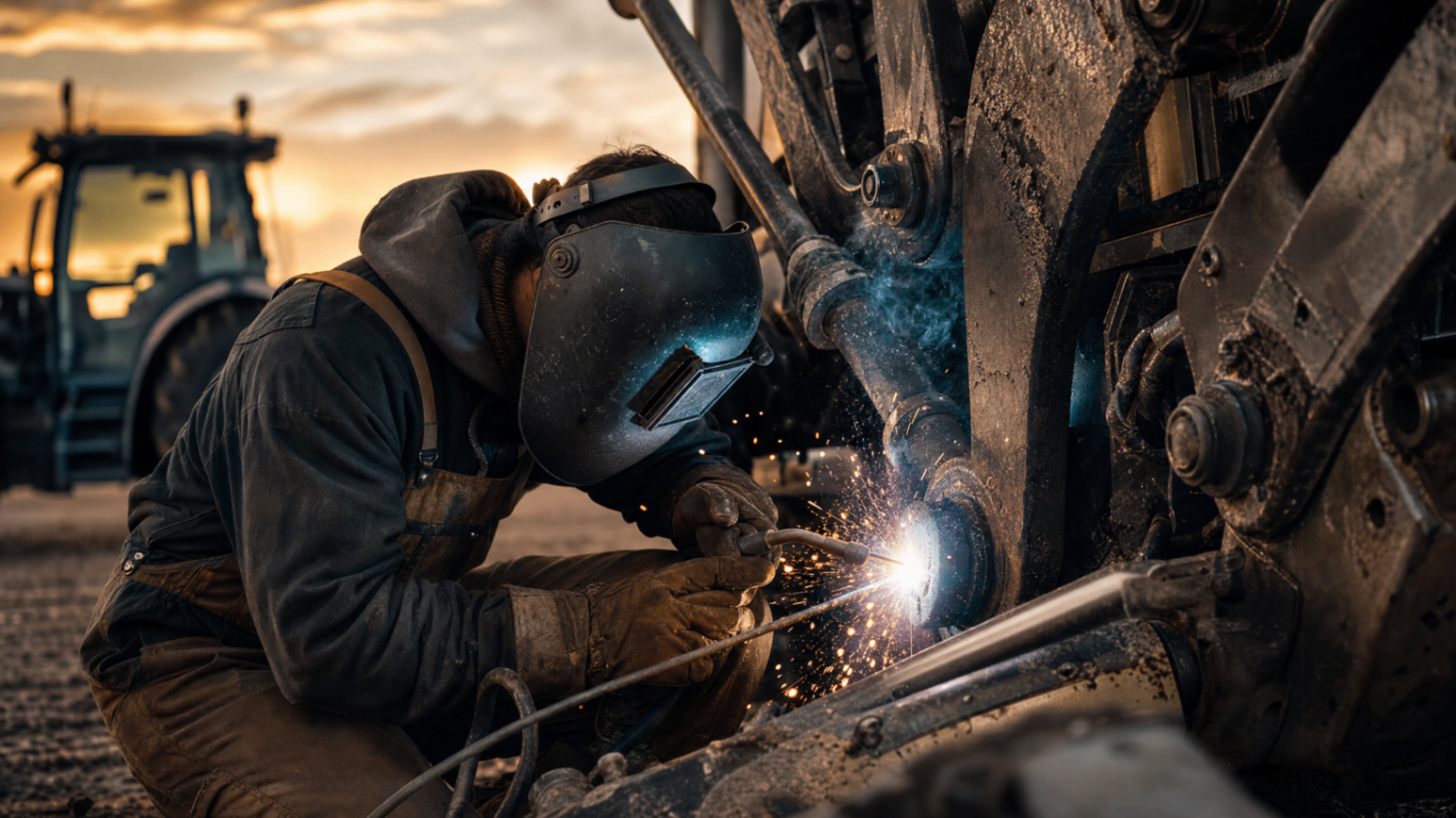 Soudeur réparant une pièce de machinerie directement sur le terrain